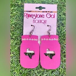 Pink Mason Jar Texas Cutout Wood Earrings – Rhinestone Bling